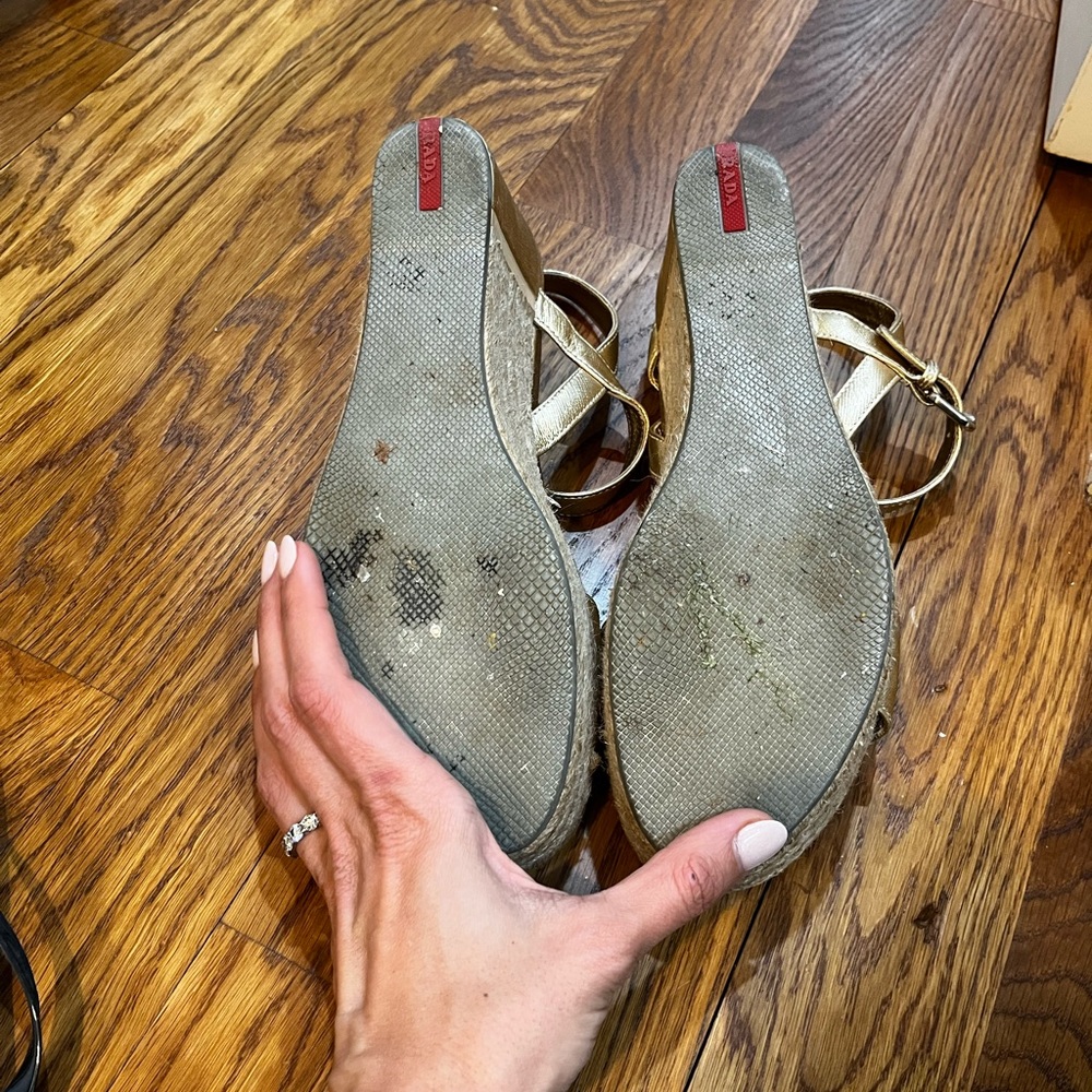 Prada Linea Rosa Gold Metallic Platform Wedges Sa… - image 5